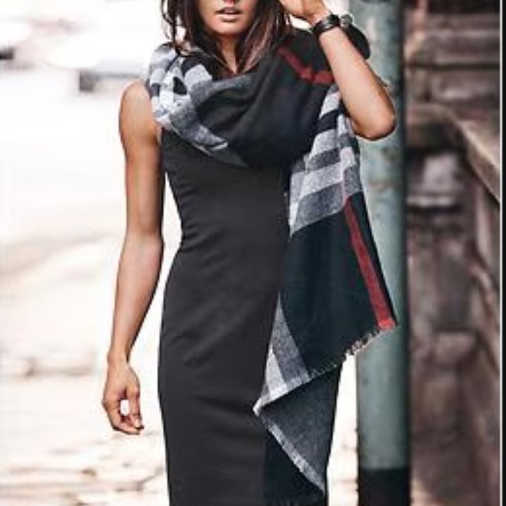 NEW FRAAS for Athleta Border Plaid Ruana Wrap Shawl Poncho Blanket Scarf O/S